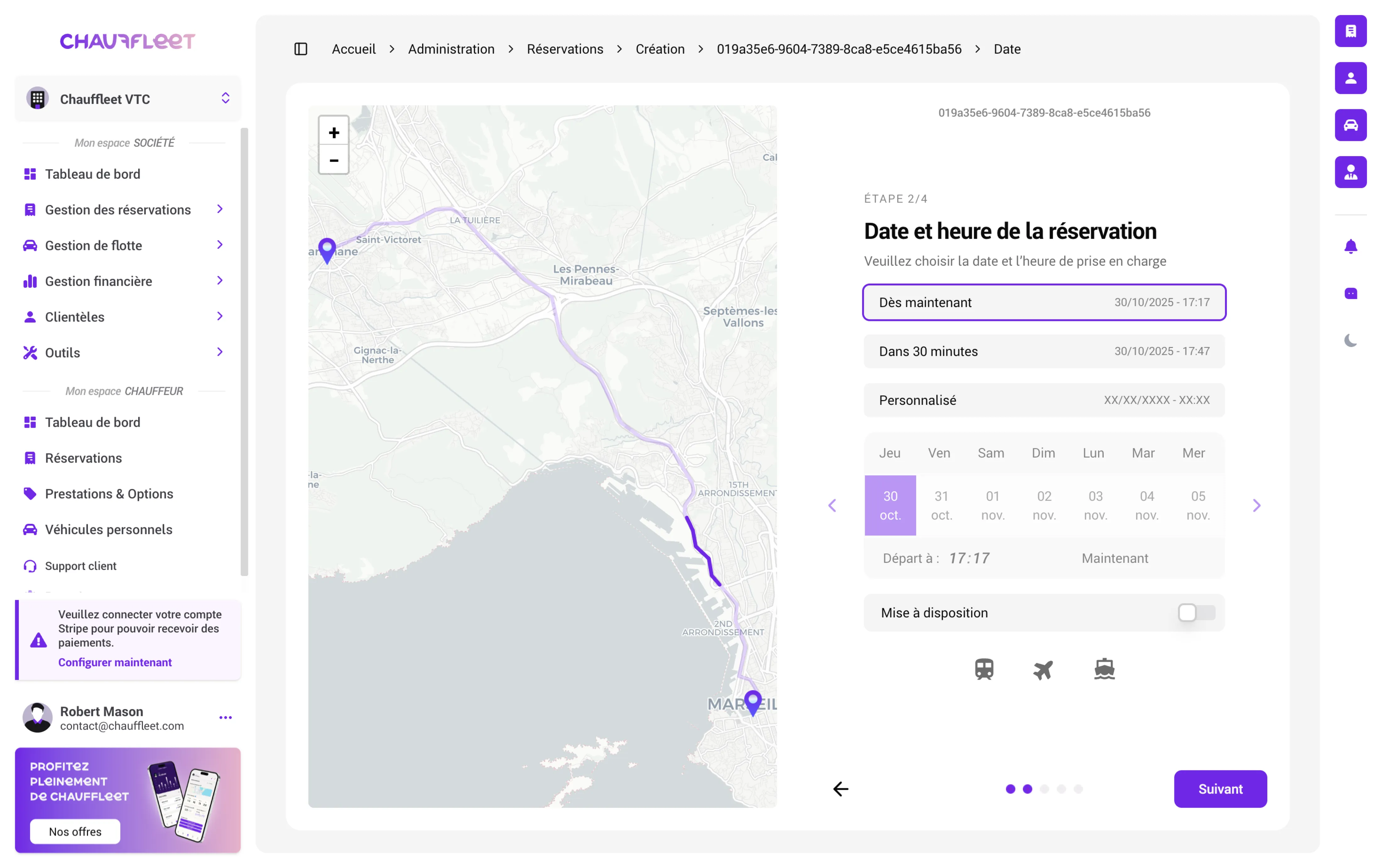 Image de la création de réservation (date et heure)